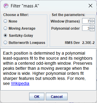 Motion filter dialog showing Savitzky-Golay parameters